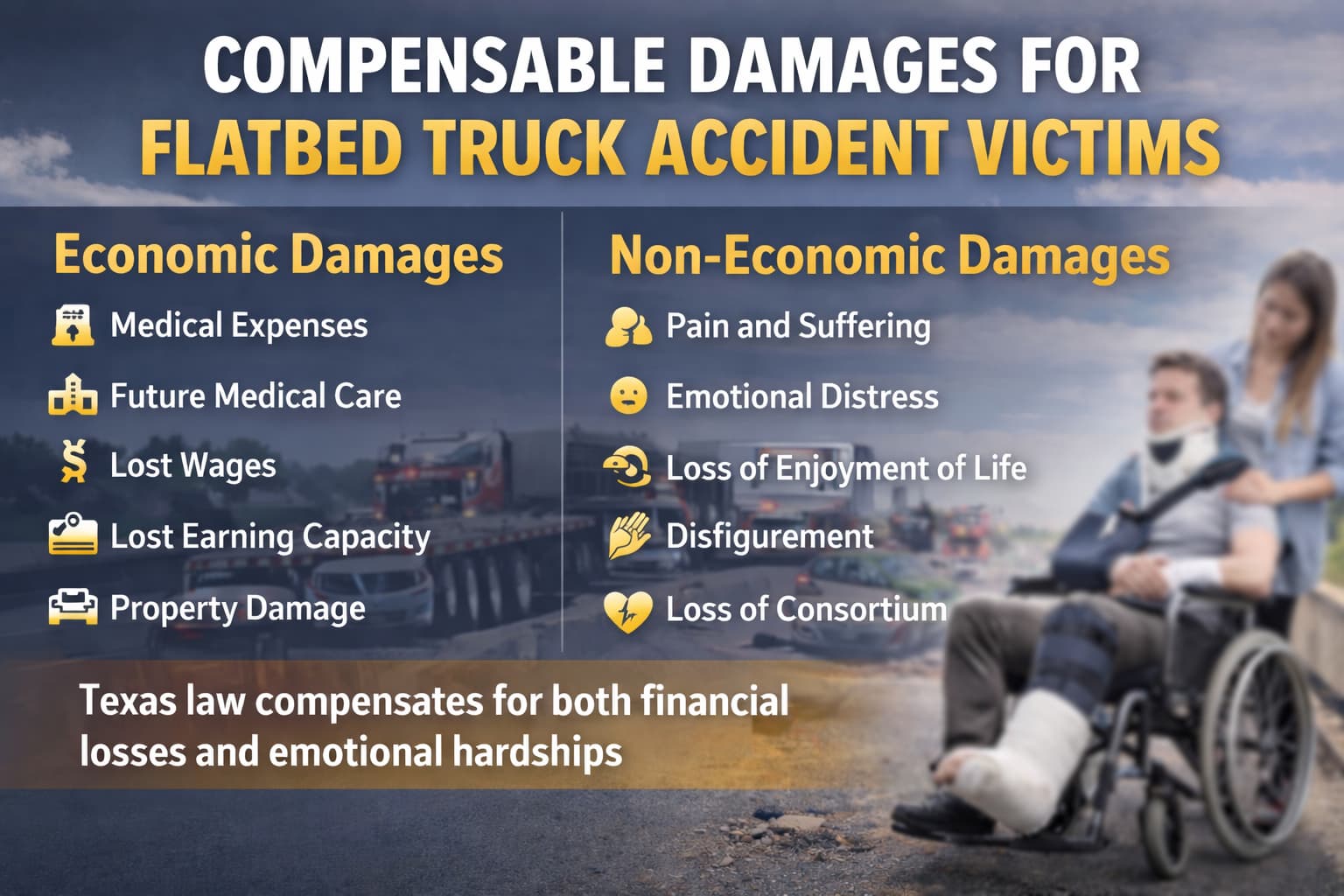 Infographic showing economic and non-economic compensable damages for flatbed truck accident victims under Texas law
