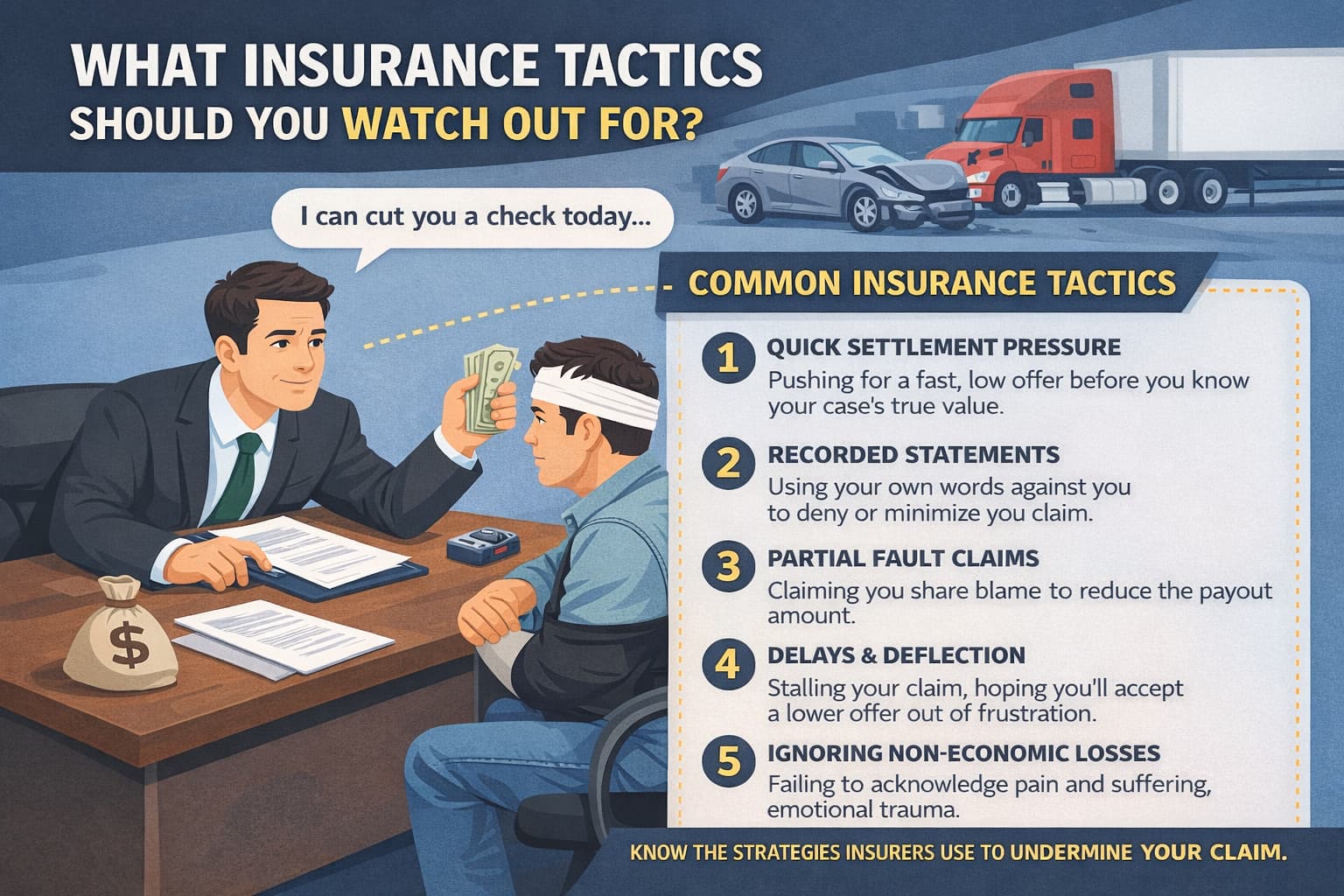 Insurance adjuster offering quick cash settlement to injured truck accident victim, highlighting common tactics like low offers, recorded statements, and claim delays.