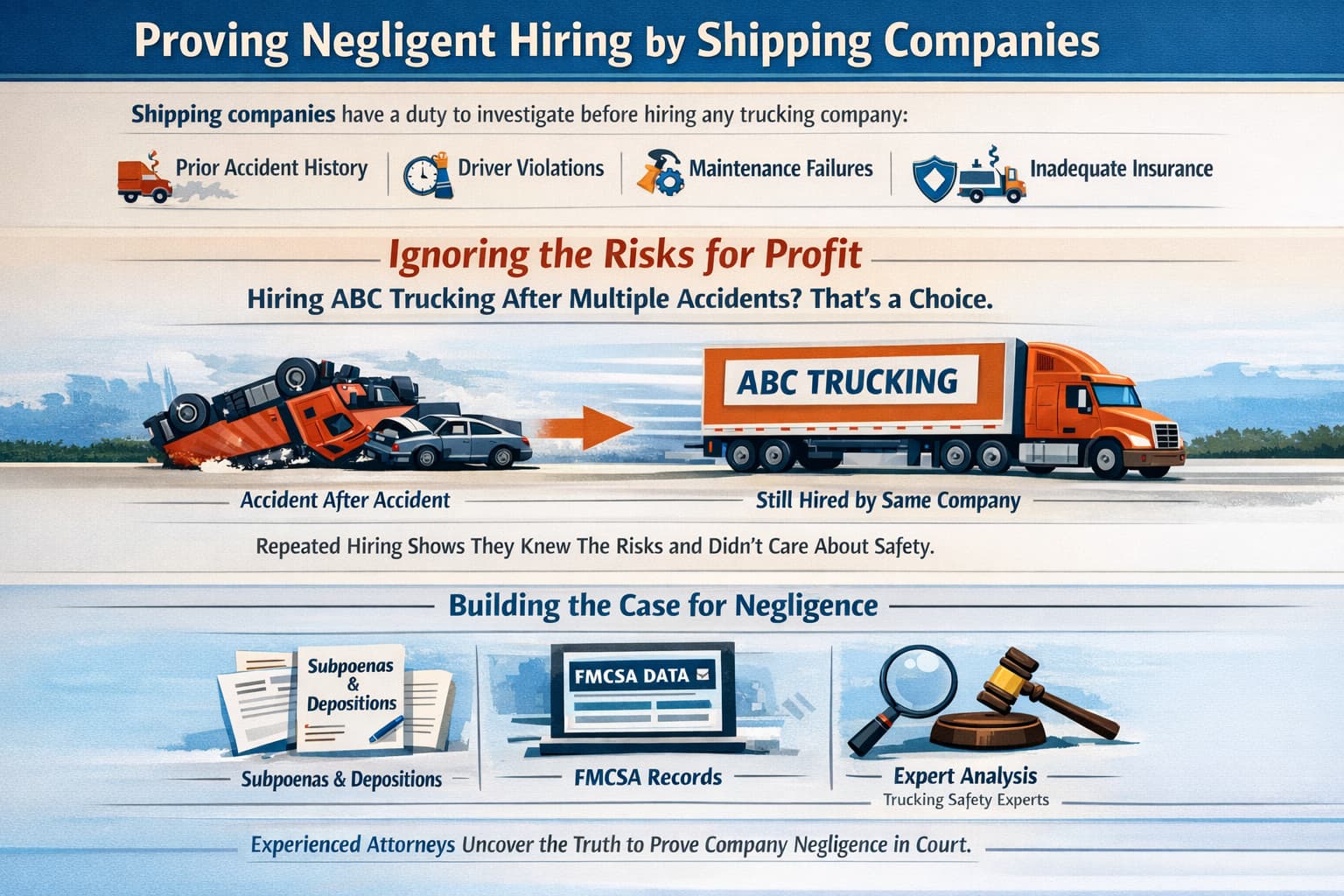 Proving negligent hiring by shipping companies infographic showing accident history, driver violations, maintenance failures, and FMCSA evidence