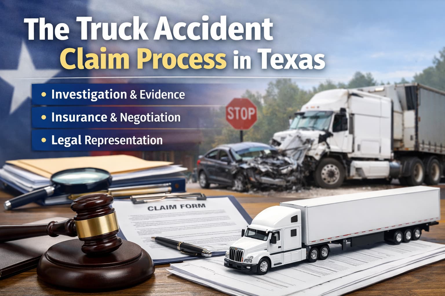 Texas truck accident claim process showing investigation, insurance negotiation, and legal representation after a commercial truck crash