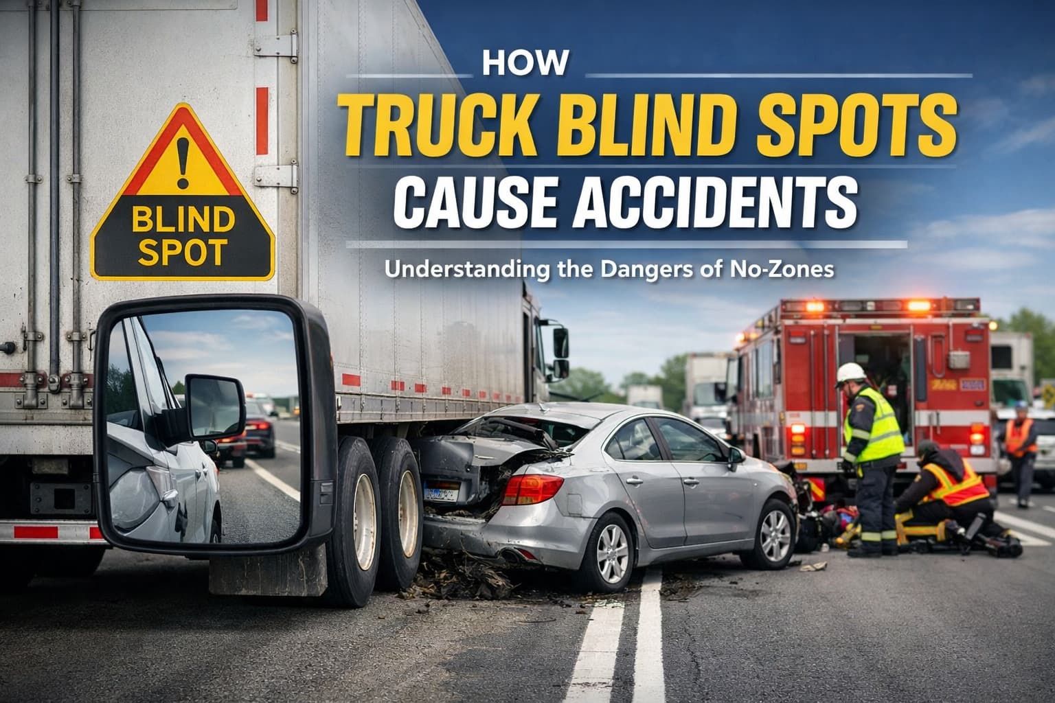Truck blind spot accident showing a car crushed beside a semi-truck on a highway, illustrating dangerous no-zones around commercial trucks