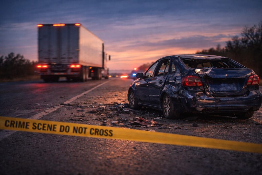 Accidente de Camión con Huida en Texas – Derechos de las Víctimas Accidente de camión con huida en Texas mostrando automóvil gravemente dañado mientras un camión comercial se aleja de la escena