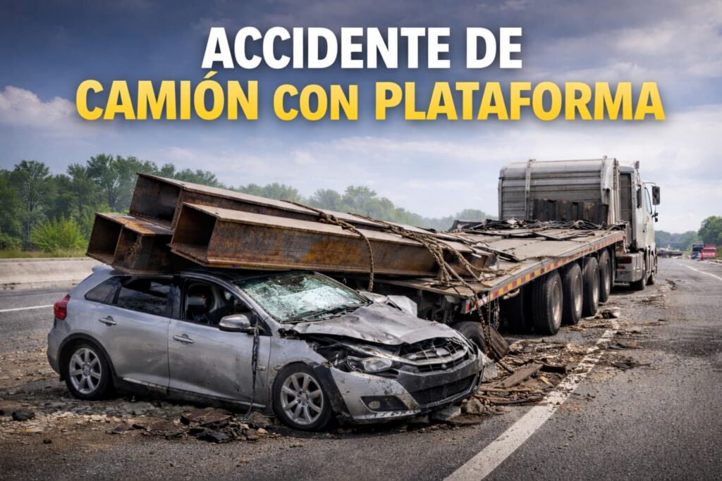 Accidente de cami&oacute;n con plataforma en Texas donde vigas de acero aplastan un autom&oacute;vil tras una carga mal asegurada en carretera