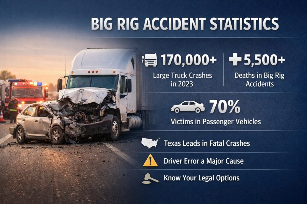 Big Rig Accident Statistics in the U.S. | Learn the Causes, Risks, and Safety Trends Big rig accident scene showing a semi-truck collision with a passenger car, highlighting US truck crash statistics and roadway safety risks.
