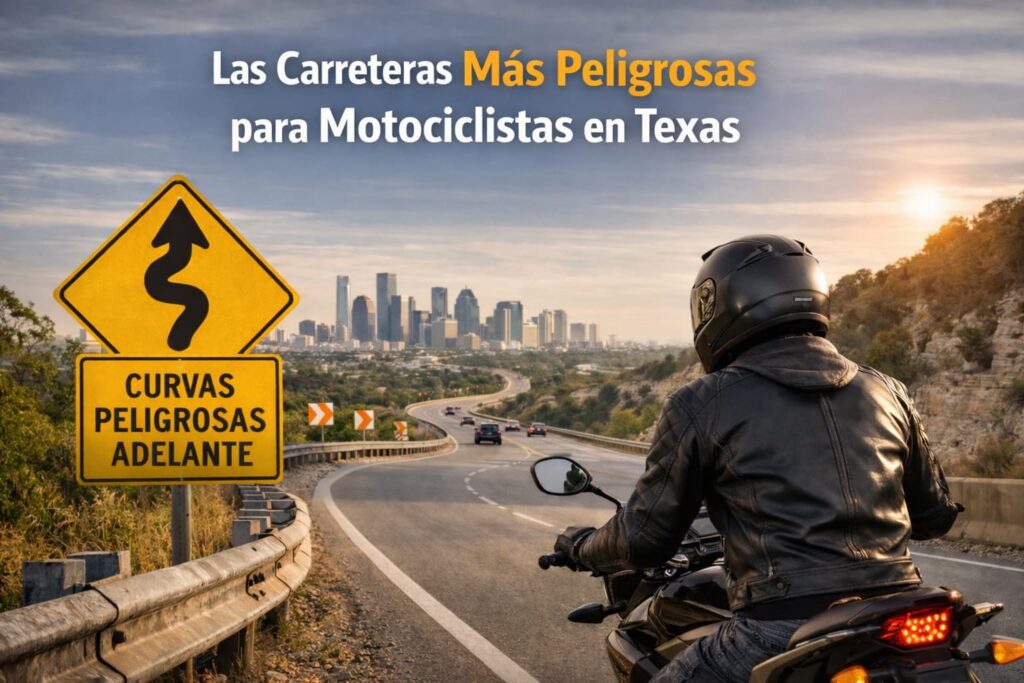 Las carreteras más peligrosas para motociclistas en Texas Motociclista circulando por una carretera peligrosa en Texas con curvas pronunciadas y señal de advertencia, destacando riesgos para motociclistas