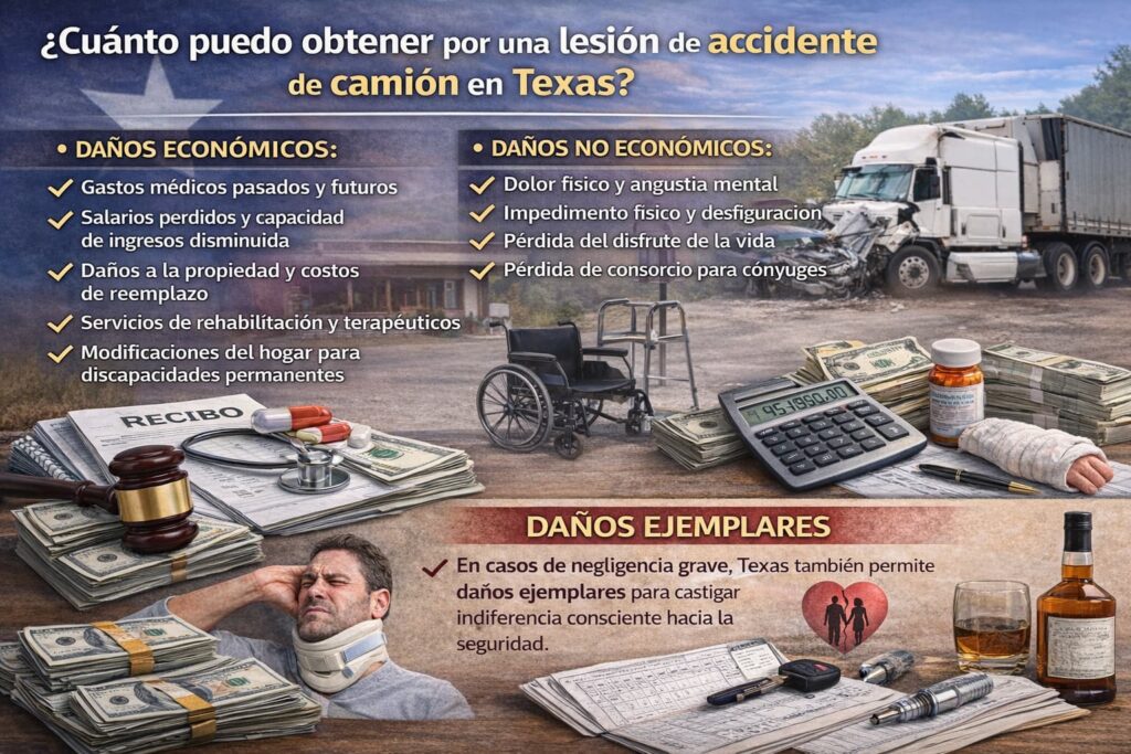 ¿Cuánto Puedo Obtener por una Lesión de Accidente de Camión en Texas? Compensación por lesiones en accidentes de camión en Texas mostrando daños económicos, no económicos y daños ejemplares