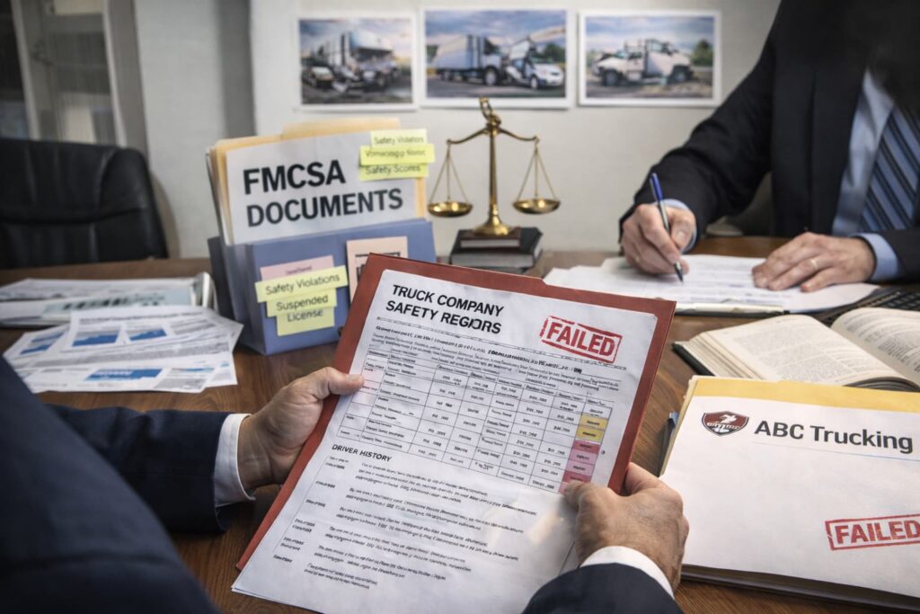 Probar la contratación negligente de empresas de transporte en Texas Revisión de registros de seguridad de empresa de camiones con documentos de FMCSA y archivos marcados como fallidos para probar contratación negligente
