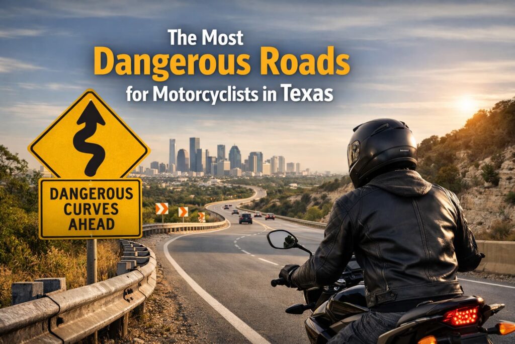The Most Dangerous Roads for Motorcyclists in Texas Motorcyclist riding on a dangerous curved Texas highway near a city skyline, highlighting high-risk roads for motorcycle accidents in Texas