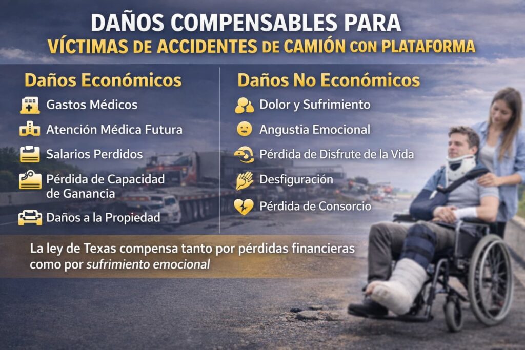 Da&ntilde;os compensables para v&iacute;ctimas de accidentes de cami&oacute;n con plataforma en Texas, incluyendo da&ntilde;os econ&oacute;micos y no econ&oacute;micos