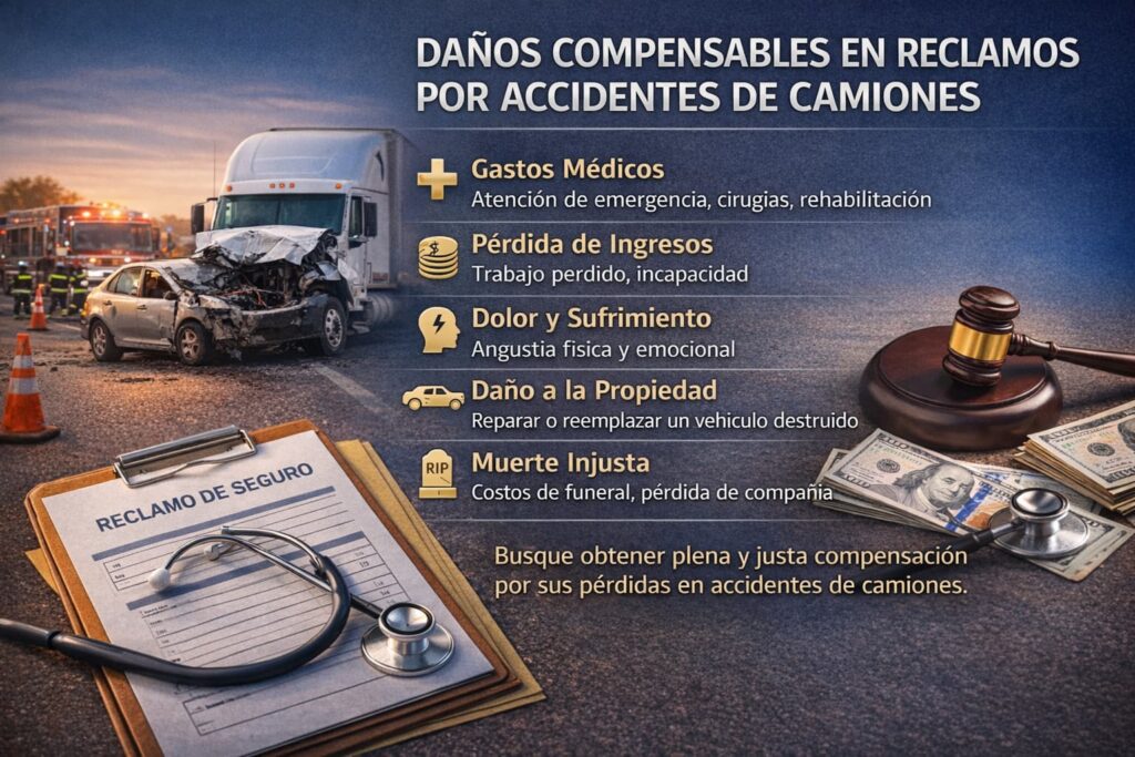 Da&ntilde;os compensables en reclamos por accidentes de camiones mostrando choque de tr&aacute;iler, gastos m&eacute;dicos, p&eacute;rdida de ingresos y muerte injusta" title="Da&ntilde;os compensables en reclamos por accidentes de camiones