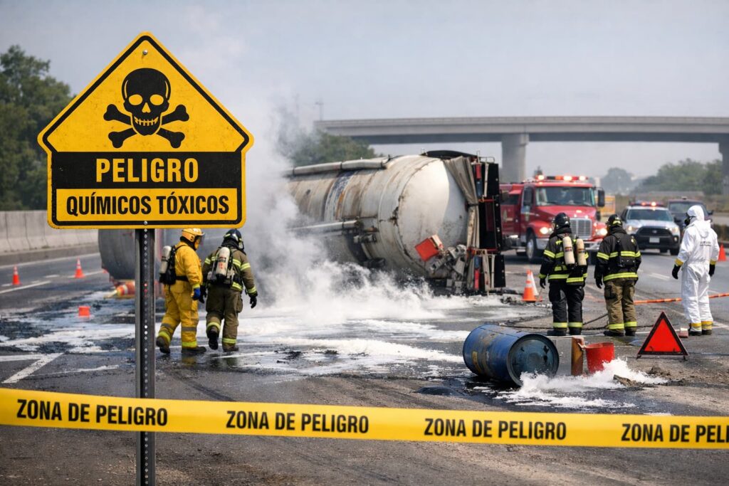 Accidente de cami&oacute;n con materiales peligrosos en Texas mostrando derrame qu&iacute;mico t&oacute;xico, cami&oacute;n cisterna volcado y equipos de emergencia en zona de peligro