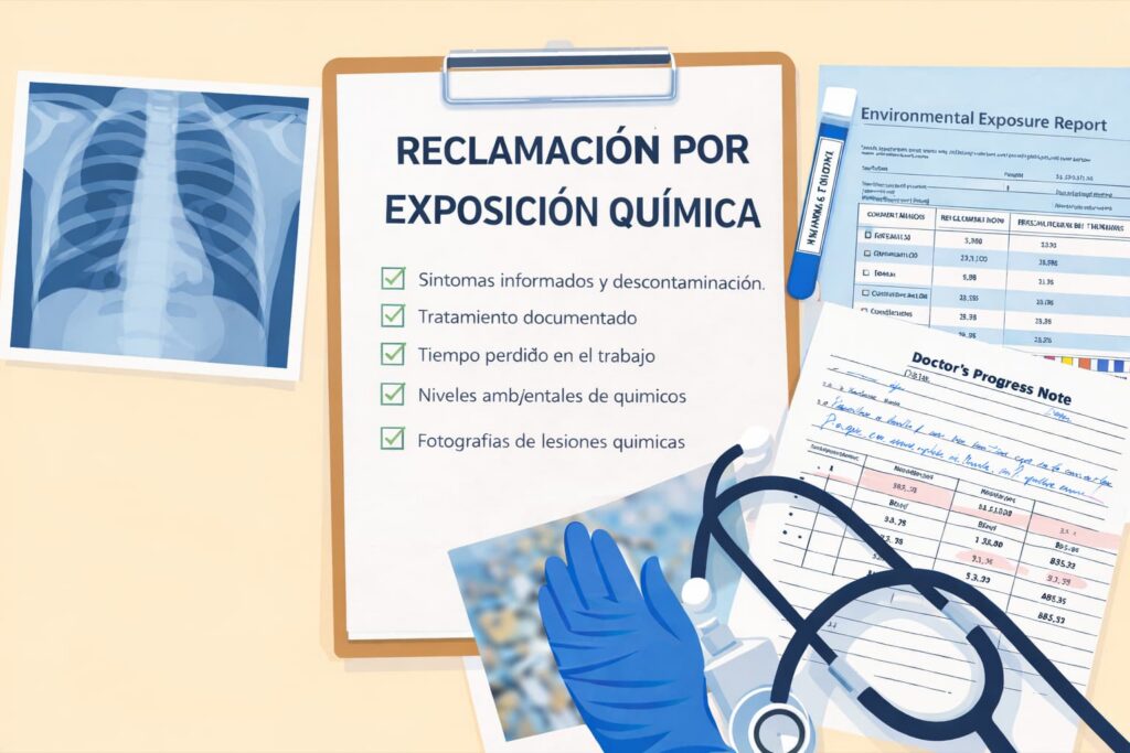 Documentaci&oacute;n para reclamaci&oacute;n por exposici&oacute;n qu&iacute;mica mostrando registros m&eacute;dicos, informe ambiental y checklist legal en estilo gr&aacute;fico plano" title="C&oacute;mo documentar una reclamaci&oacute;n por exposici&oacute;n qu&iacute;mica