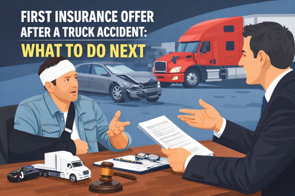 Flat illustration showing a truck accident victim reviewing a first insurance settlement offer with a lawyer after a commercial truck crash.