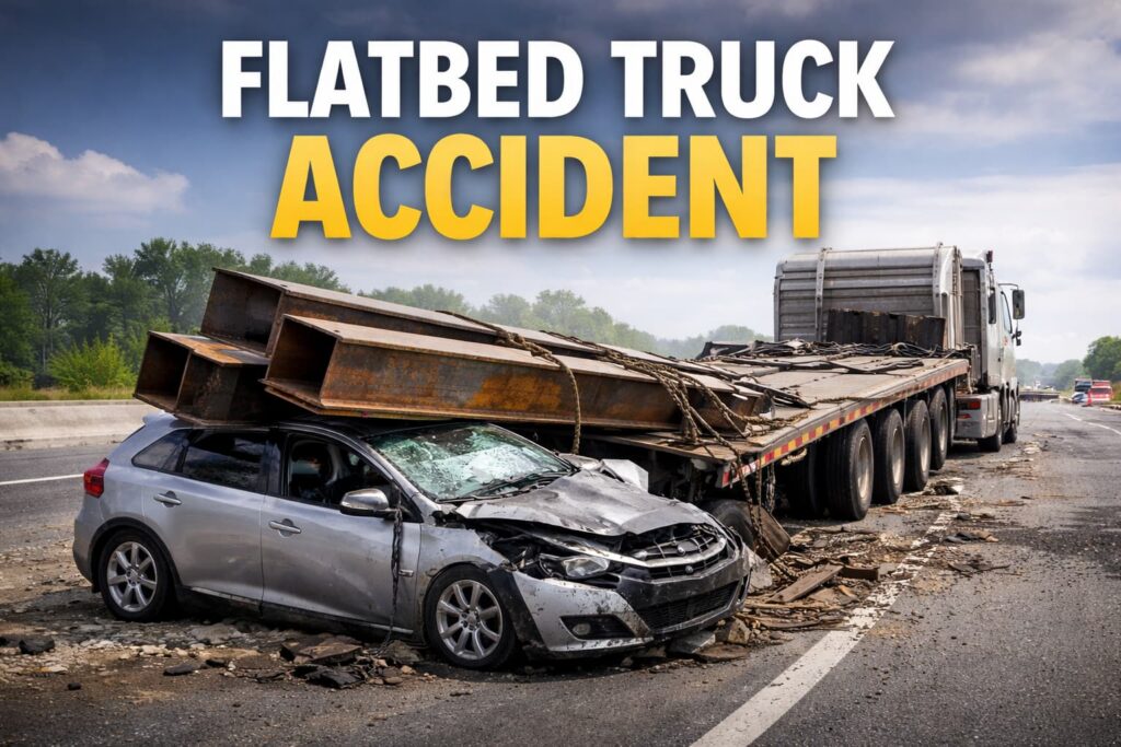 Flatbed truck accident caused by unsecured steel beams crushing a passenger car on a Texas highway
