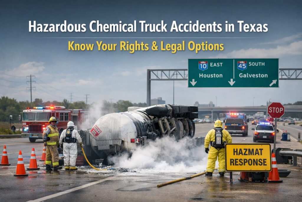 Hazardous chemical spill from an overturned truck accident on a Texas highway with hazmat crews responding to toxic exposure risks