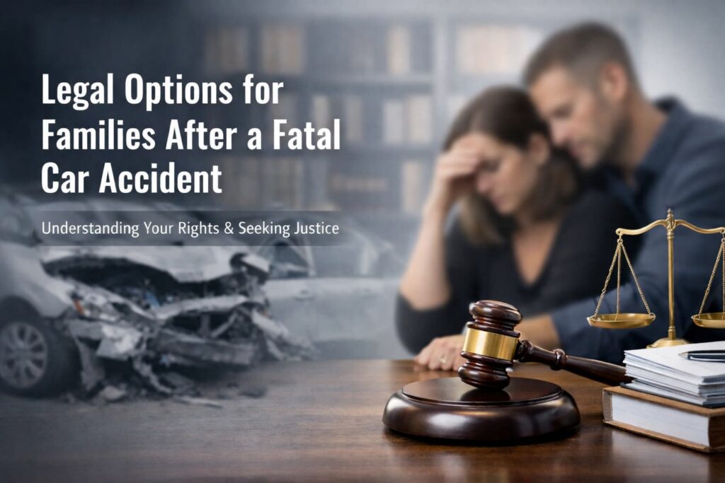 Legal Options for Families After a Fatal Car Accident in Texas Blurred family with legal gavel and scales symbolizing legal options for families after a fatal car accident in Texas