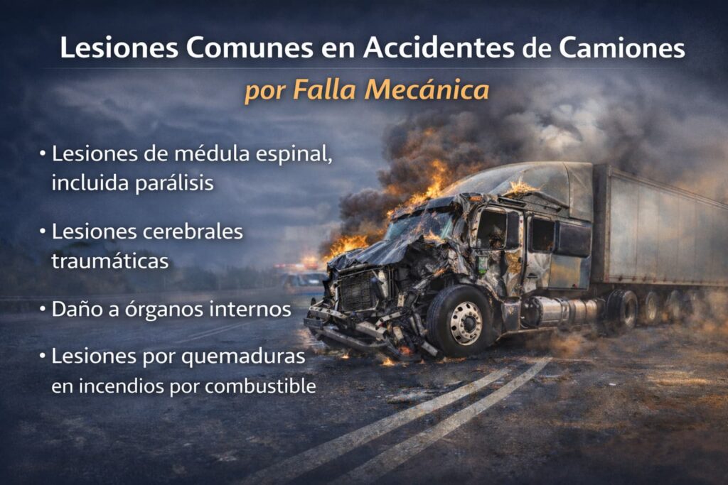 Lesiones comunes en accidentes de camiones por falla mec&aacute;nica, incluyendo lesiones de m&eacute;dula espinal, da&ntilde;o cerebral, &oacute;rganos internos y quemaduras