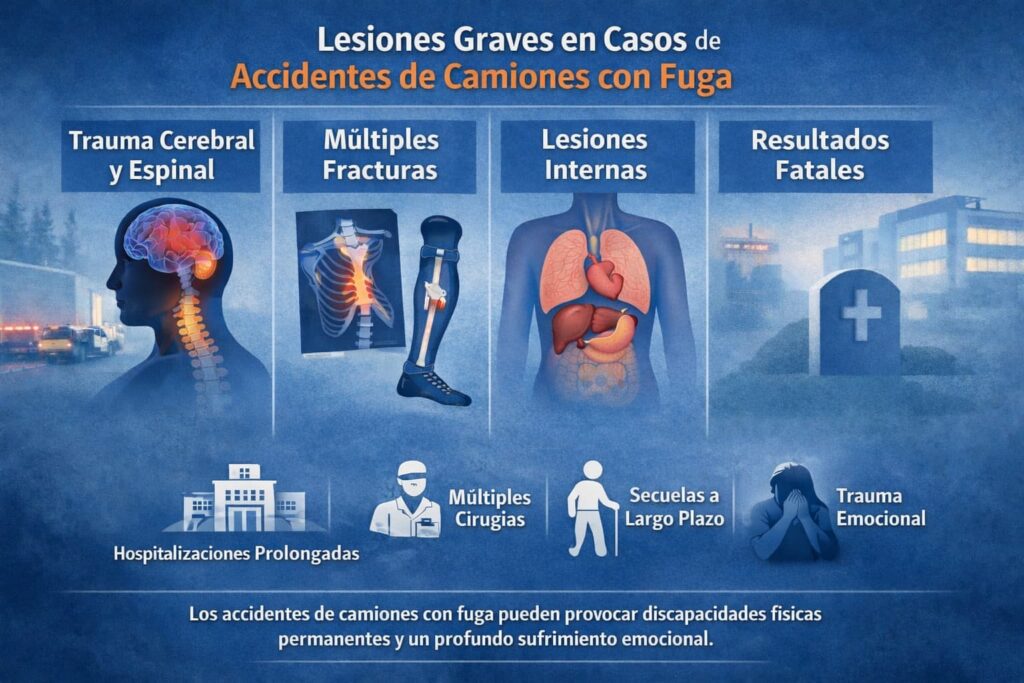 Lesiones Graves en Accidentes de Camiones con Fuga – Infografía Informativa Infografía en español sobre lesiones graves en accidentes de camiones con fuga, incluyendo trauma cerebral y espinal, fracturas múltiples, lesiones internas y consecuencias fatales.