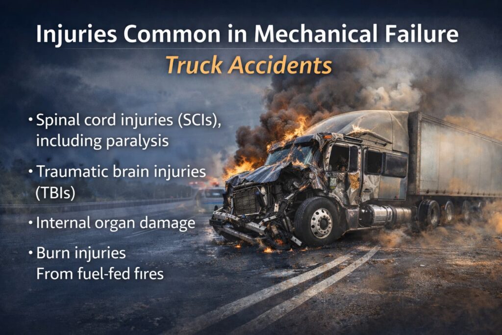 Injuries Common in Mechanical Failure Truck Accidents Text graphic explaining common injuries in mechanical failure truck accidents, including spinal cord injuries, brain injuries, internal damage, and burns