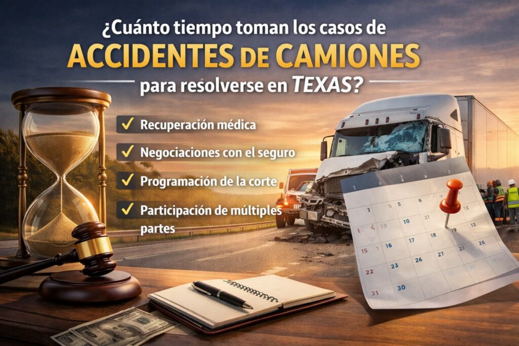 ¿Cuánto tiempo toman los casos de accidentes de camiones en Texas? Plazos de casos de accidentes de camiones en Texas mostrando camión accidentado, reloj de arena y calendario legal