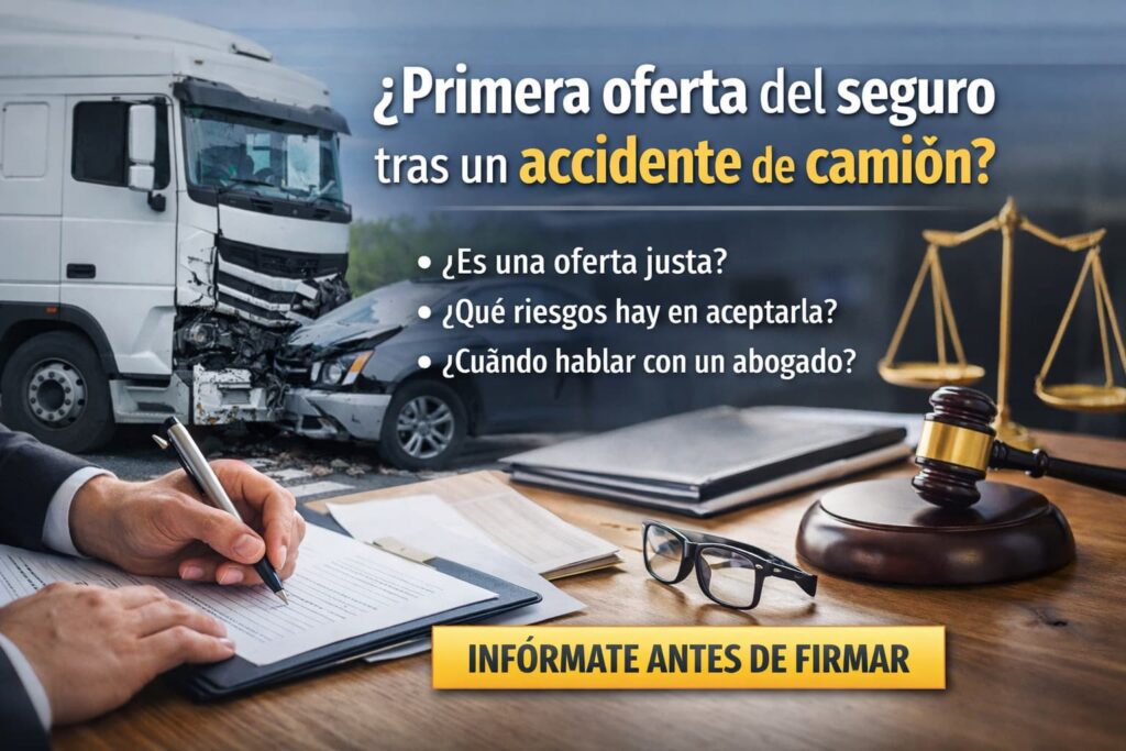 Primera oferta del seguro tras un accidente de cami&oacute;n, escena de choque con cami&oacute;n comercial y consulta legal antes de firmar acuerdo.