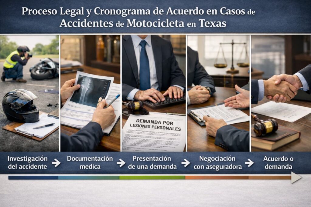 Proceso legal y cronograma de acuerdo en casos de accidentes de motocicleta en Texas, desde la investigaci&oacute;n del accidente hasta el acuerdo o demanda.