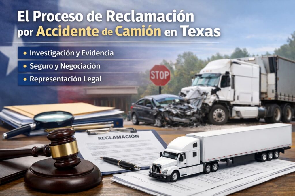Proceso de Reclamación por Accidente de Camión en Texas Proceso de reclamación por accidente de camión en Texas mostrando investigación, negociación de seguros y representación legal tras un choque grave