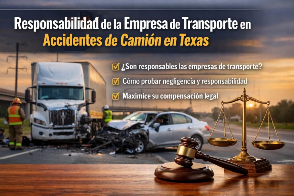 Responsabilidad de la empresa de transporte en accidentes de camión en Texas Accidente de camión comercial en carretera de Texas con auto dañado y símbolos legales que representan la responsabilidad de la empresa de transporte