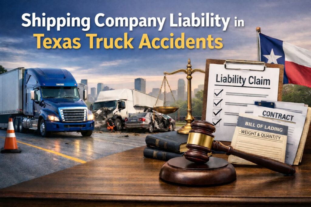 Shipping company liability in Texas truck accidents showing commercial truck crash, legal documents, bill of lading, and liability claim symbols
