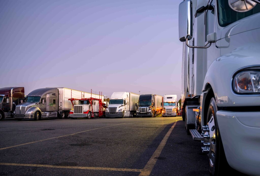 Fleet of semi-trucks parked in a lot at sunset, representing commercial trucking industry and transportation logistics operations