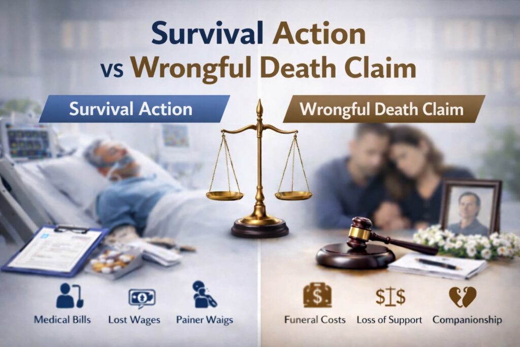 Survival Action vs. Wrongful Death Claim – Key Legal Differences Explained Visual comparison of survival action and wrongful death claim showing medical expenses, lost wages, funeral costs, and loss of support