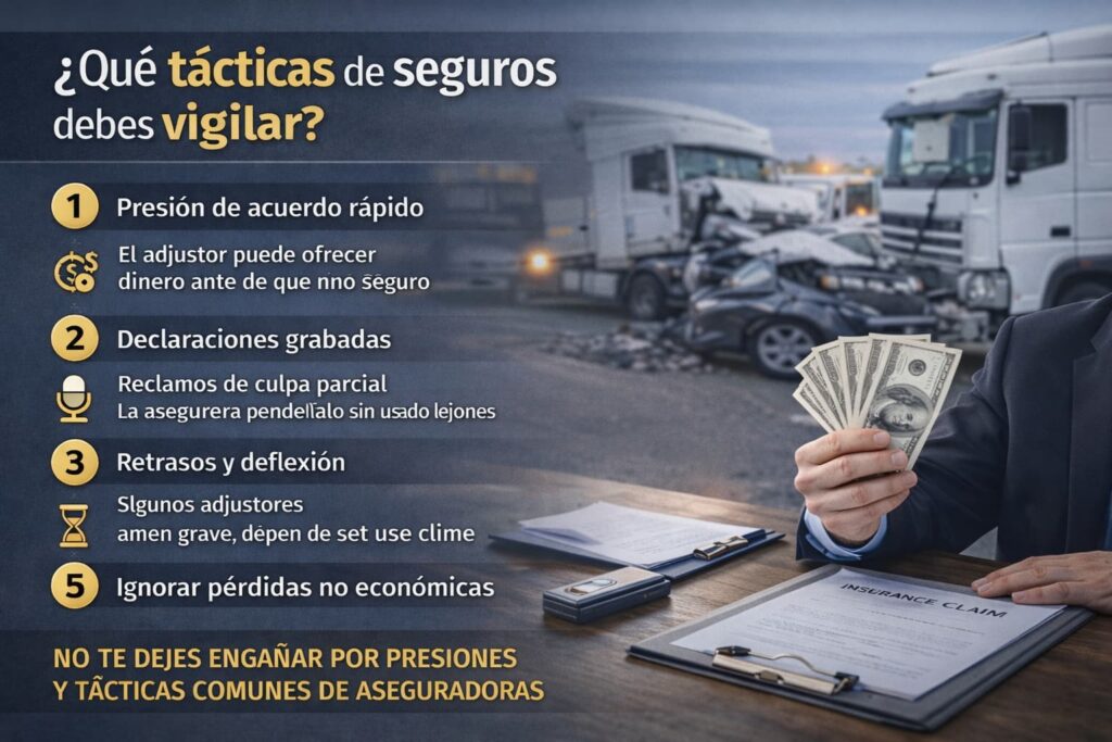 Infograf&iacute;a sobre t&aacute;cticas de seguros tras un accidente de cami&oacute;n, mostrando presi&oacute;n de acuerdos r&aacute;pidos, retrasos y reclamos de culpa parcial.
