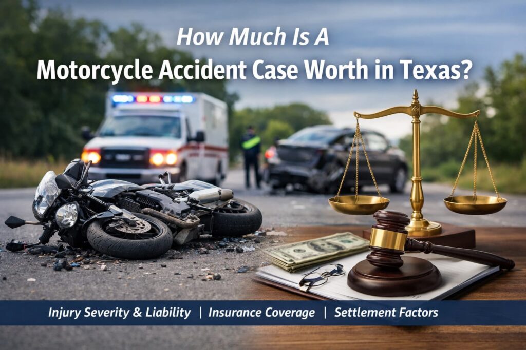 Texas motorcycle accident scene with crashed bike and legal scales representing settlement value and compensation factors