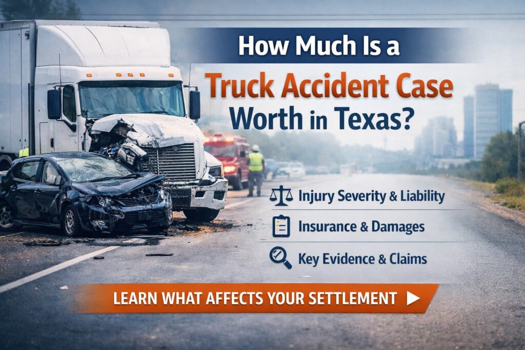 Truck accident scene illustrating how much a Texas truck accident case may be worth based on injuries, liability, and damages.