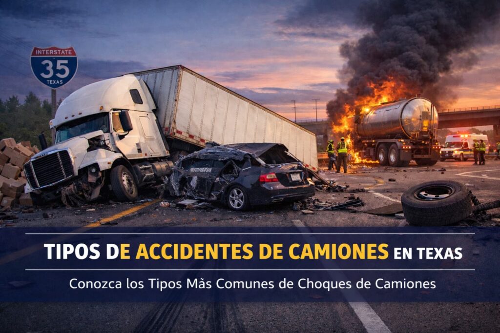 Tipos de Accidentes de Camiones en Texas – Choques Comunes Tipos de accidentes de camiones en Texas mostrando choque grave en la I-35 con camión volcado, empotramiento y materiales peligrosos