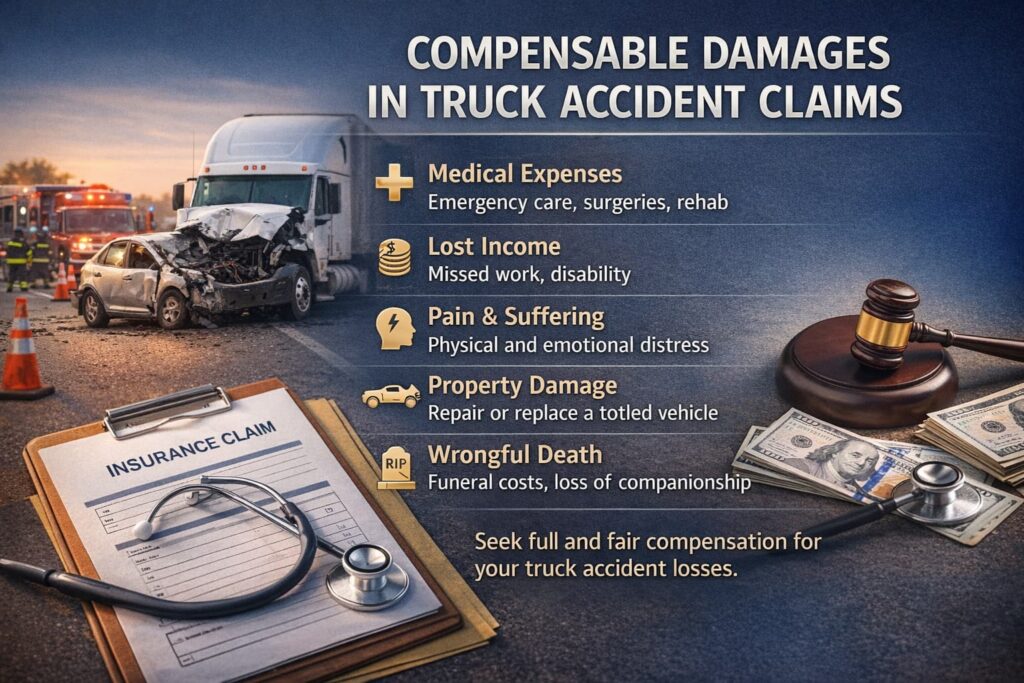 Compensable Damages in Truck Accident Claims | What Injury Victims Can Recover Infographic showing compensable damages in a truck accident claim, including medical expenses, lost income, pain and suffering, property damage, and wrongful death.