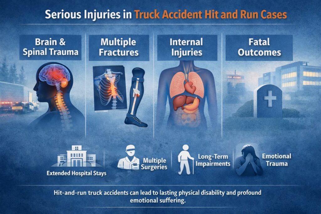 Infographic showing serious injuries in truck accident hit-and-run cases including brain trauma, fractures, internal injuries, and fatal outcomes