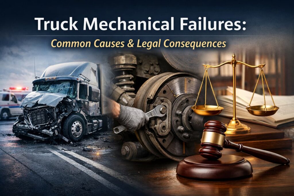 Truck Mechanical Failures: Common Causes and Legal Consequences Truck mechanical failure accident showing damaged semi-truck, brake system inspection, and legal liability symbols