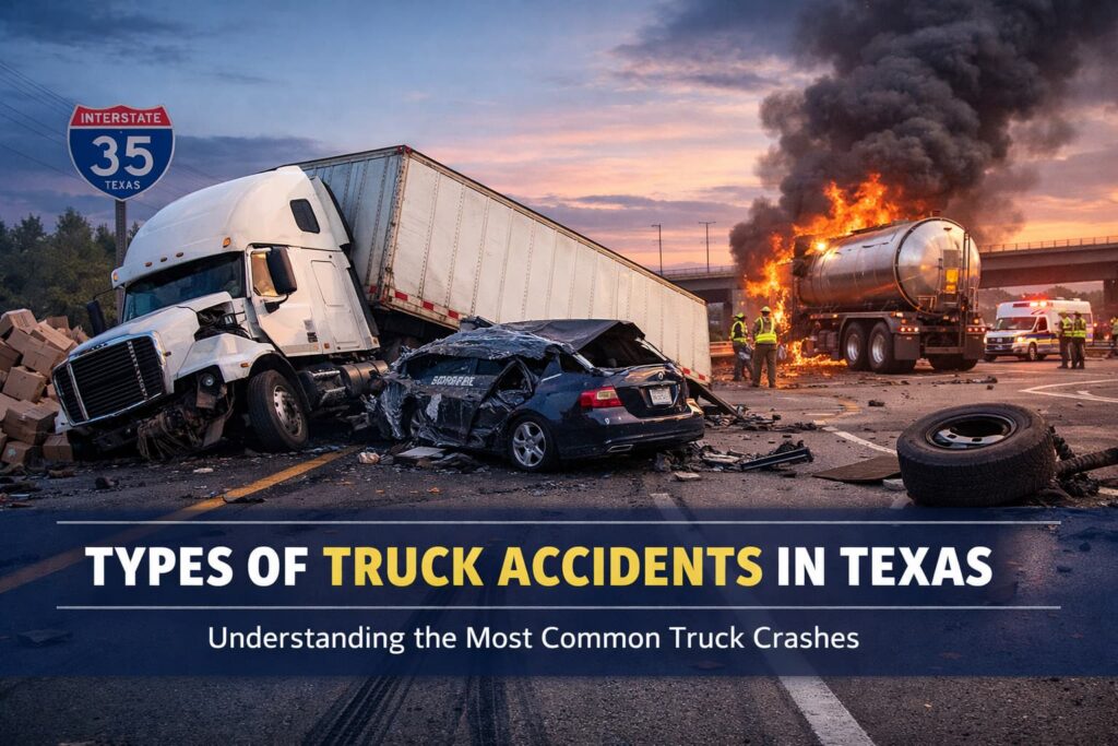 Types of truck accidents in Texas including jackknife, rollover, underride, and multi-vehicle crashes on a busy highway