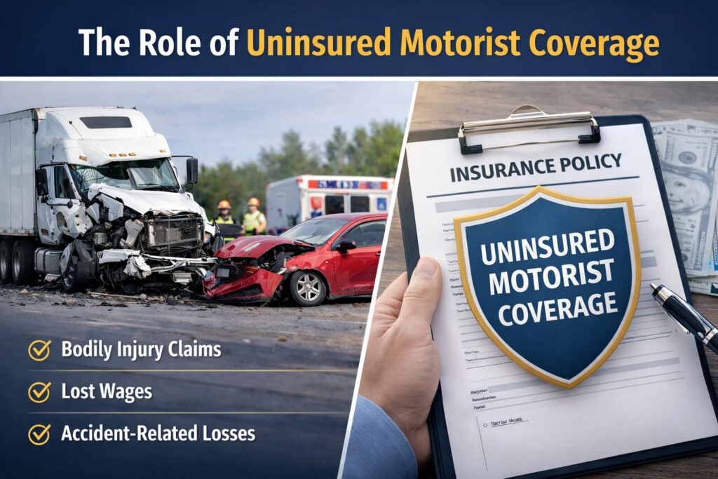Role of Uninsured Motorist Coverage After a Truck Accident in Texas Uninsured motorist coverage illustration showing a truck accident scene and insurance policy protecting victims from uninsured truck driver losses
