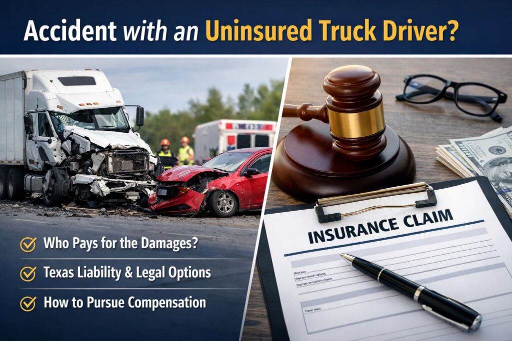Uninsured Truck Driver Accident in Texas – Who Pays for Damages? Accident involving an uninsured truck driver in Texas showing a damaged semi truck and car, highlighting liability and compensation options for victims