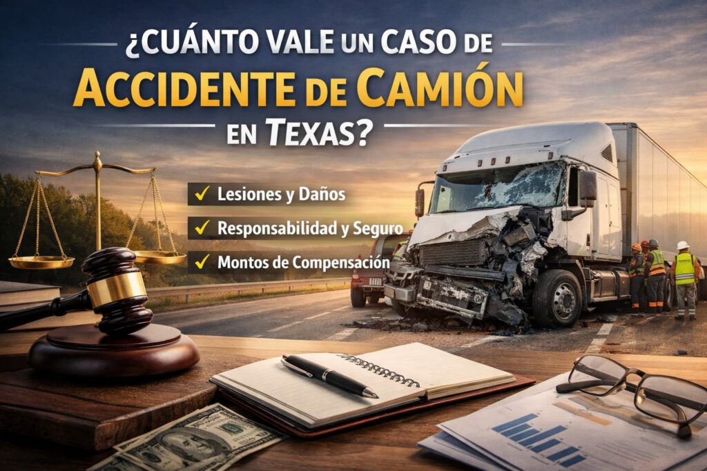 Valor de un caso de accidente de camión en Texas – lesiones, responsabilidad y compensación ¿Cuánto vale un caso de accidente de camión en Texas mostrando un camión accidentado, escena legal y factores de compensación" title="Valor de un caso de accidente de camión en Texas – lesiones, responsabilidad y compensación