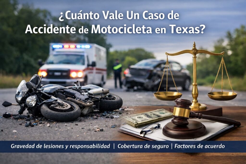Accidente de motocicleta en Texas con escena de choque, ambulancia y s&iacute;mbolos legales que explican cu&aacute;nto vale un caso de accidente de motocicleta.