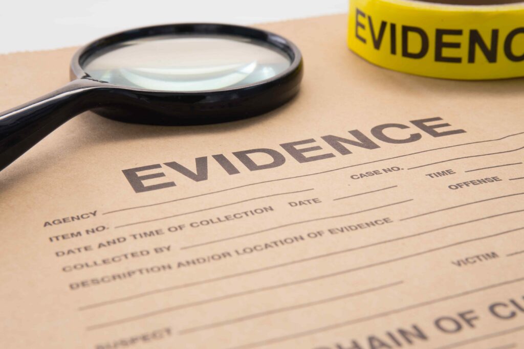 Evidence collection form with magnifying glass and evidence tape, representing criminal investigation and forensic documentation. Evidence collection form with magnifying glass and evidence tape, representing criminal investigation and forensic documentation.