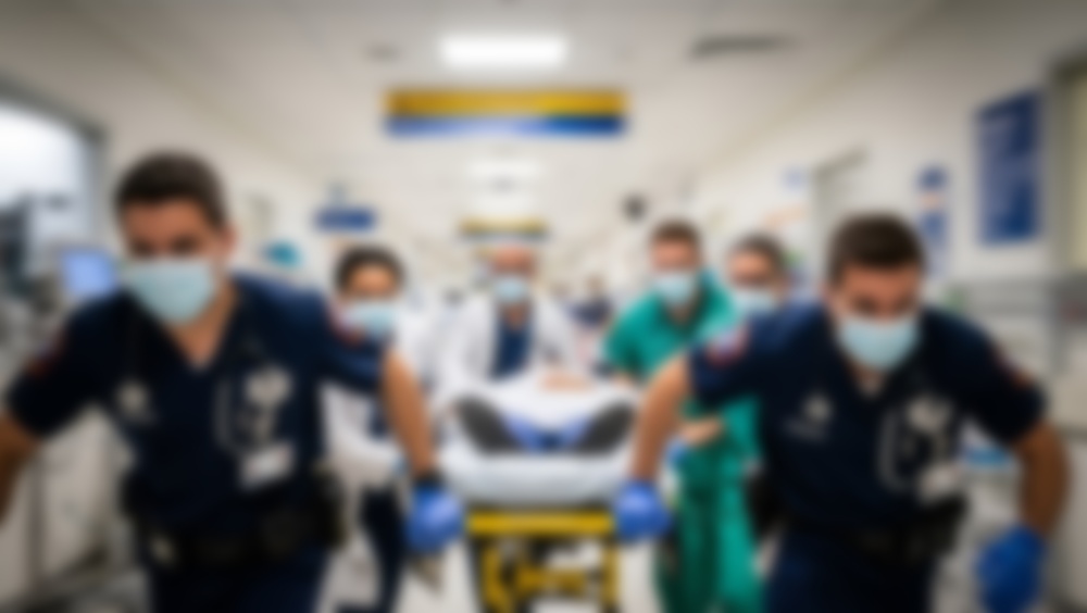 Blurred picture of EMTs and medical team bringing patient to Emergency Department